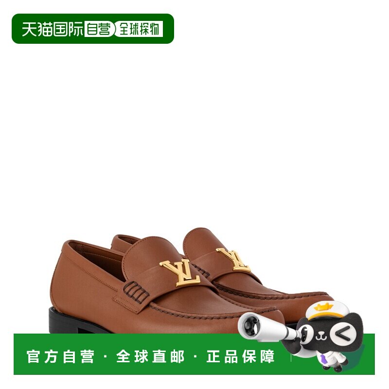 自营欧洲直邮LV路易威登 男士干邑色皮革一脚蹬LOGO标识乐福鞋