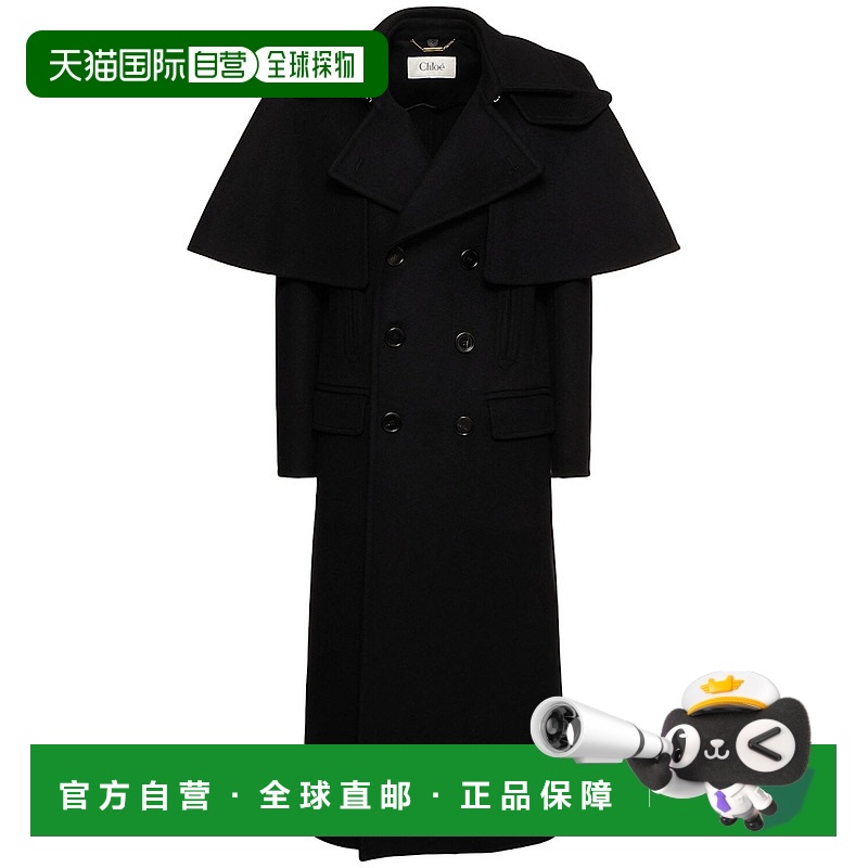 1h可退 香港直邮Chloe 蔻依 女士 双排扣羊毛长款大衣 black黑色