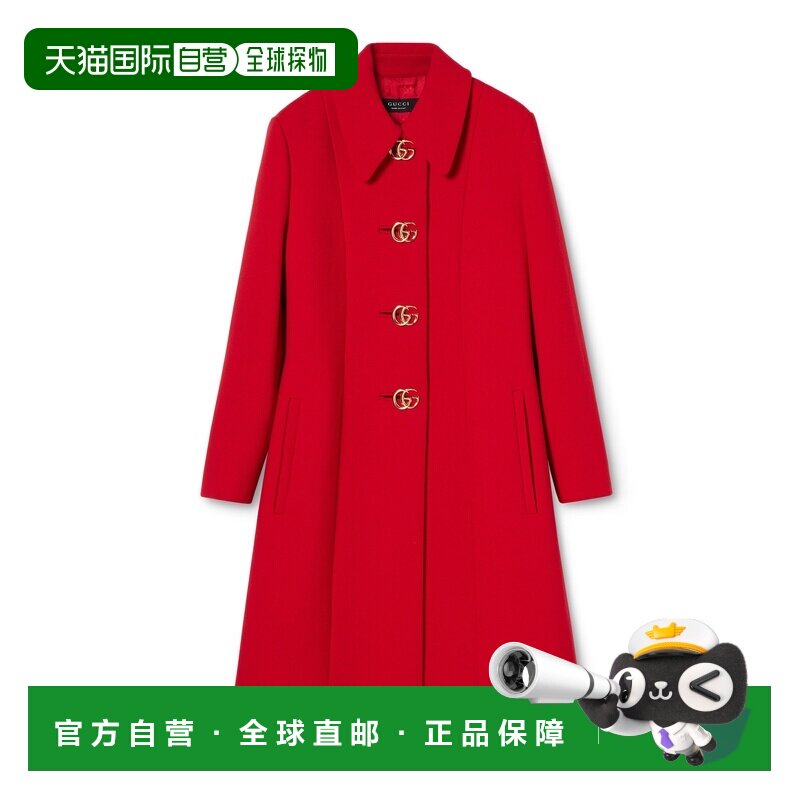 自营欧洲直邮GUCCI古驰 女士红色编织羊毛双G纽扣大衣