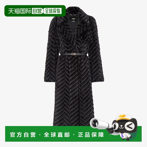 自营欧洲直邮Fendi芬迪 女士黑色皮革 Trench-Coat款长款大衣