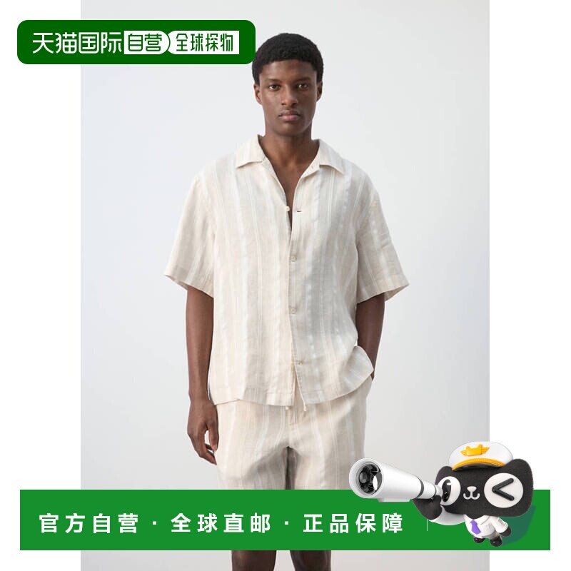 自营欧洲直邮MANGO 男士米色亚麻条纹常规版型保龄领衬衫短袖