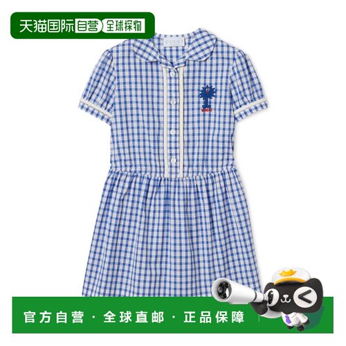 欧洲直邮GUCCI古驰 女孩浅蓝色/白色棉质格子连衣裙童装
