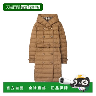 自营香港直邮BURBERRY 女士灰褐色锦纶双排扣带腰带连帽羽 博柏丽