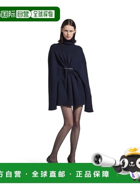 自营欧洲直邮Balenciaga巴黎世家 Pinched女士海军蓝棉褶皱短连衣