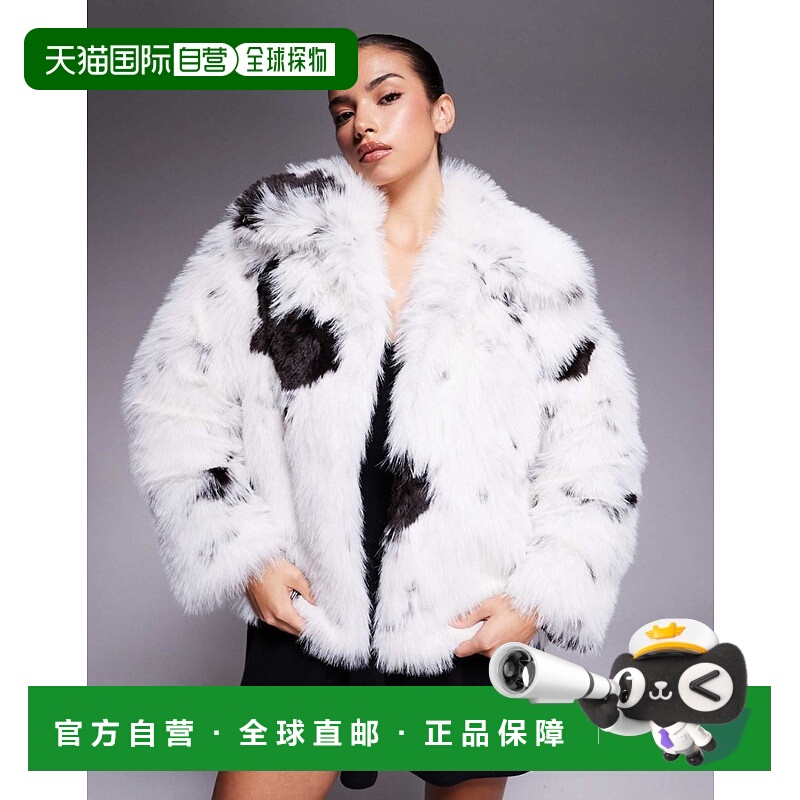 1h可退 香港直邮ASOS 女士 cow 设计高端衣领人造皮草黑色印花大(