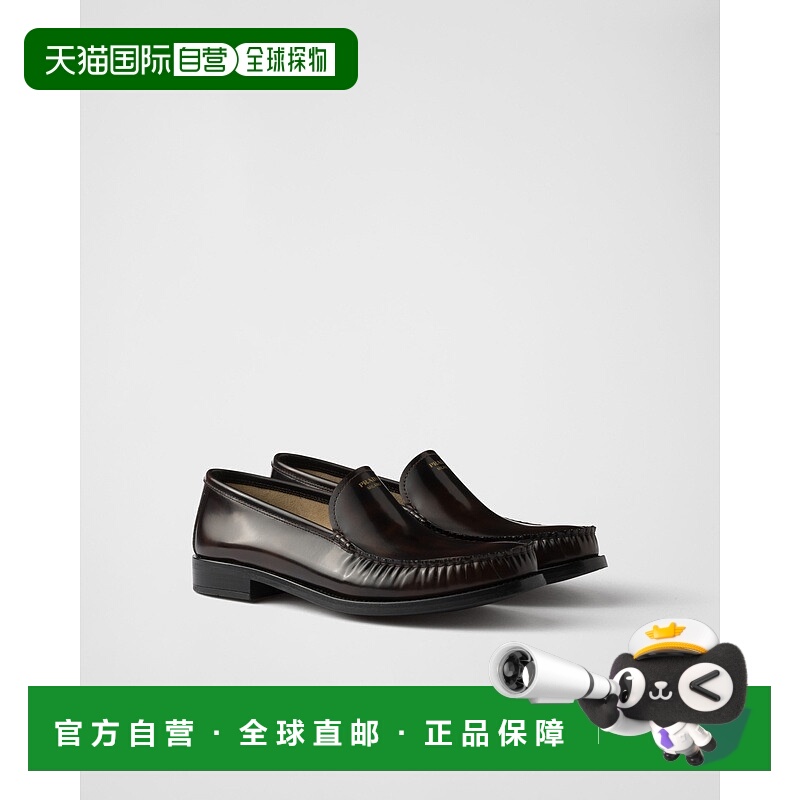 自营欧洲直邮Prada普拉达 女士赭石色小牛皮丝印logo莫卡辛鞋