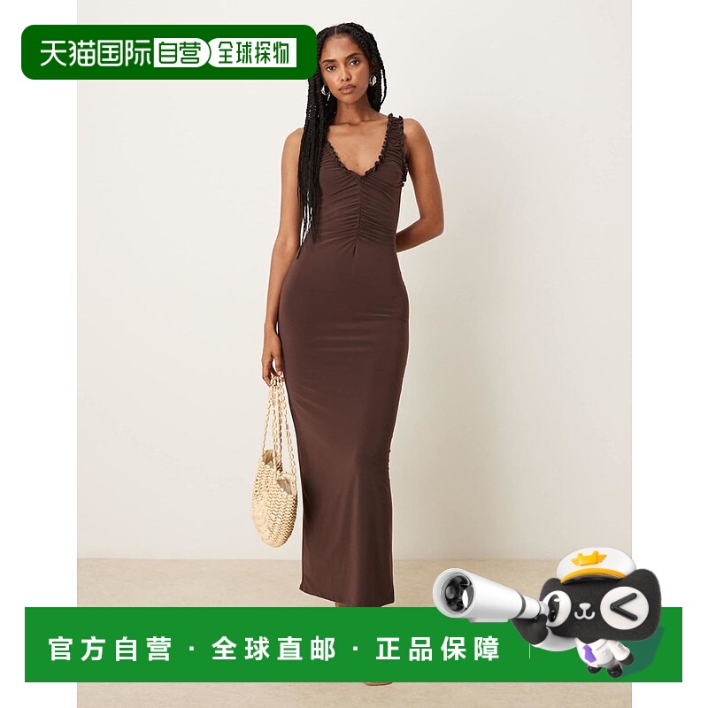 香港直邮ASOS 女士 设计无袖褶皱领圈巧克力色中长连衣裙