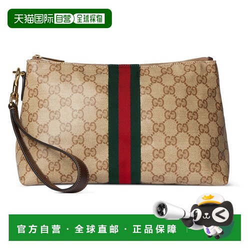 自营欧洲直邮GUCCI古驰 GG沙色/棕色GG帆布Web小号手拿包钱包