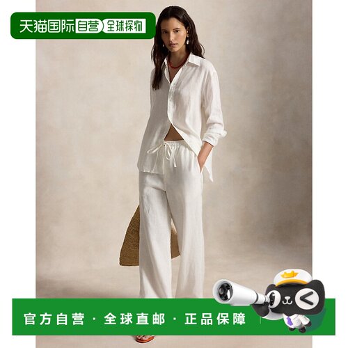 自营欧洲直邮Ralph Lauren拉夫劳伦 女士白色亚麻抽绳长裤阔腿裤