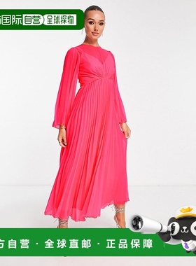 香港直邮ASOS 女士 设计后绑带沟纹袖褶裥粉色中长连衣裙(fluro)