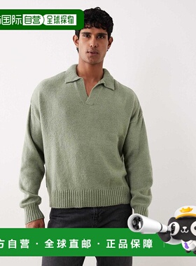 1h可退 香港直邮ASOS 男士 设计宽松款合身针织缺口领绿色灰色Pol