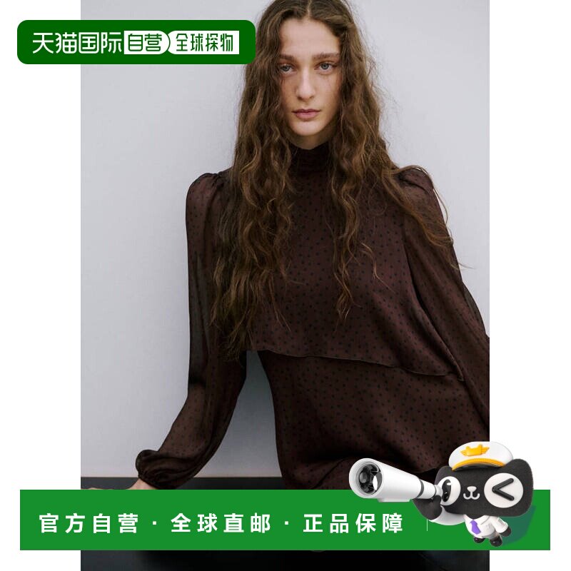 自营欧洲直邮MANGO 女士棕色聚酯纤维波点荷叶边短款连衣裙图片