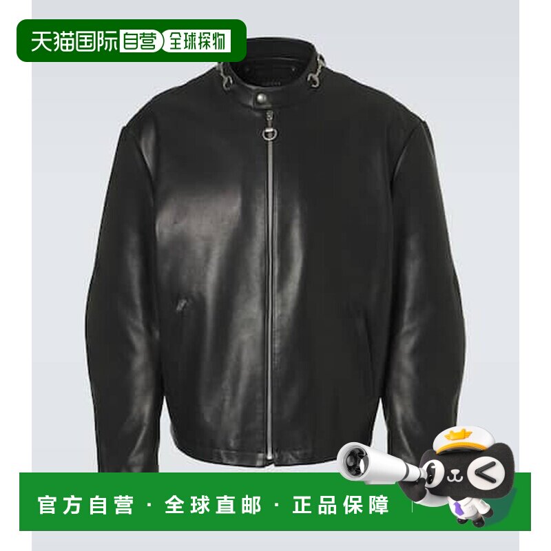 1h可退 香港直邮Gucci 古驰 男士 马衔扣皮革夹克 black黑色 舒适