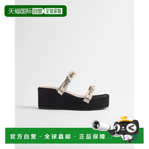 自营欧洲直邮Dior迪奥 J'Adior女士白色/黑色棉质刺绣拉菲草坡跟