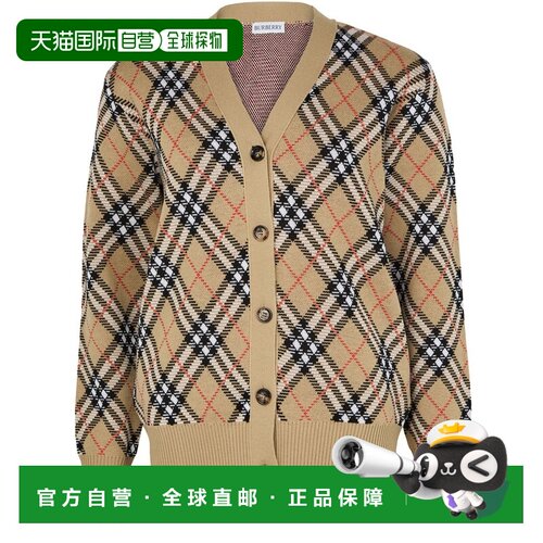 自营欧洲直邮Burberry博柏利 女士沙色格纹羊毛马海毛混纺V领针织
