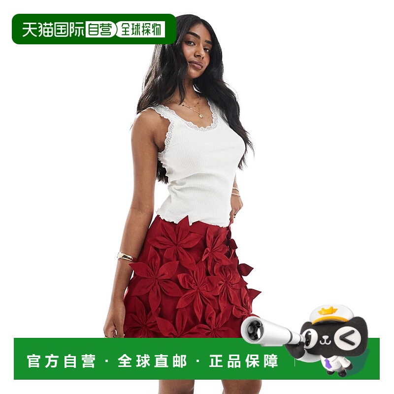 1h可退 香港直邮ASOS 女士 3D 设计花朵酒红色迷你半身裙