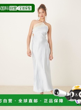 1h可退 香港直邮ASOS 女士 slip 设计不对称吊带蕾丝浅蓝色中长连
