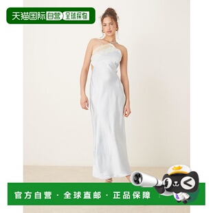 1h可退 香港直邮ASOS 女士 slip 设计不对称吊带蕾丝浅蓝色中长连