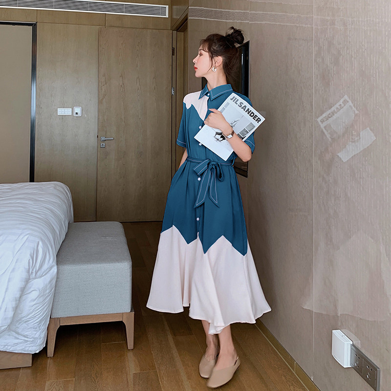 不规则设计感连衣裙女2020新款气质女神范收腰拼接少女衬衫鱼尾裙