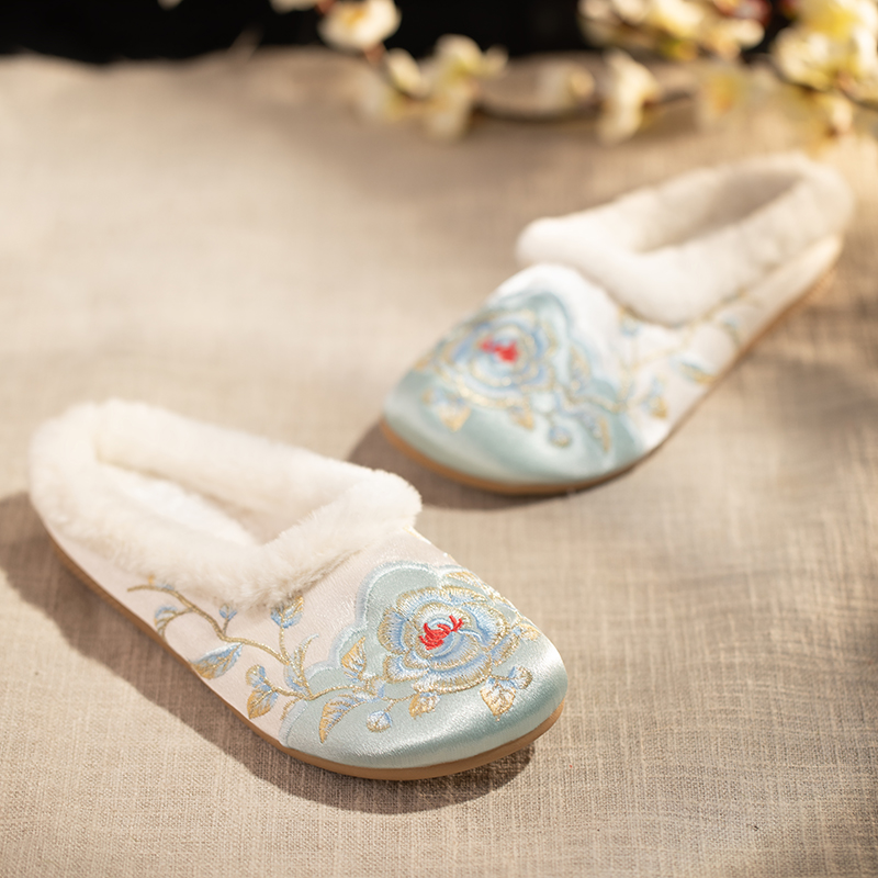 布洛怡古风平底包头加绒棉拖鞋