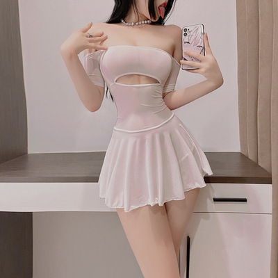 Yesexing冰丝透明紧身情趣内衣套装丝滑柔顺高弹露胸装连衣裙9046