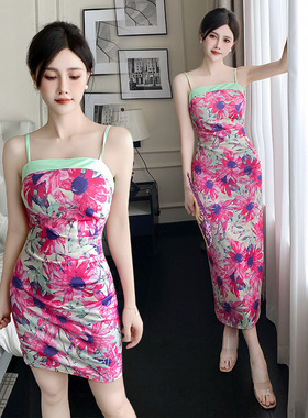 网红弹力大码吊带女夏天印花性感新款小短裙夜店女装连衣裙技师
