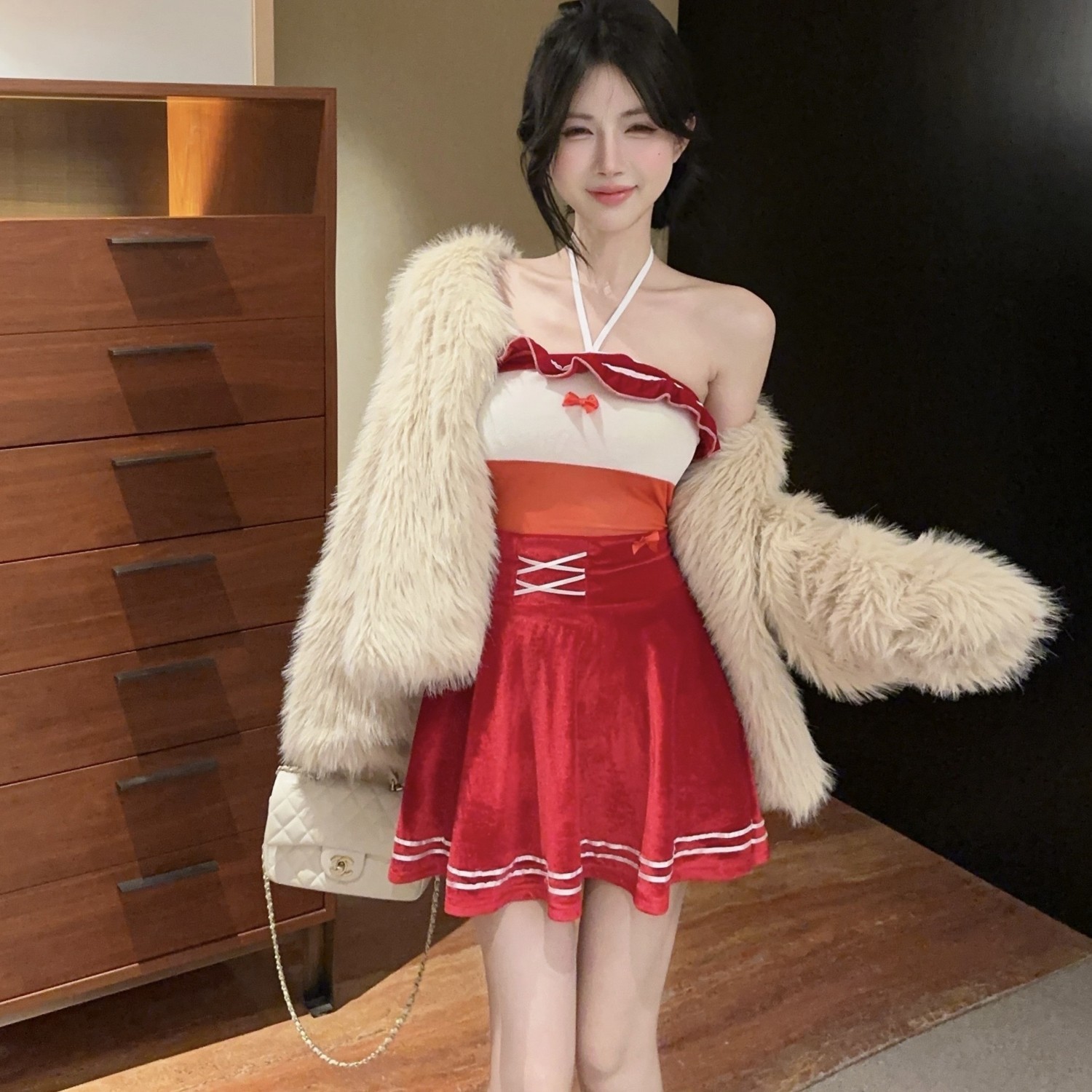 欧美2025跨境外贸红色拼接丝绒圣诞聚会时尚大摆连衣短裙18YX2709