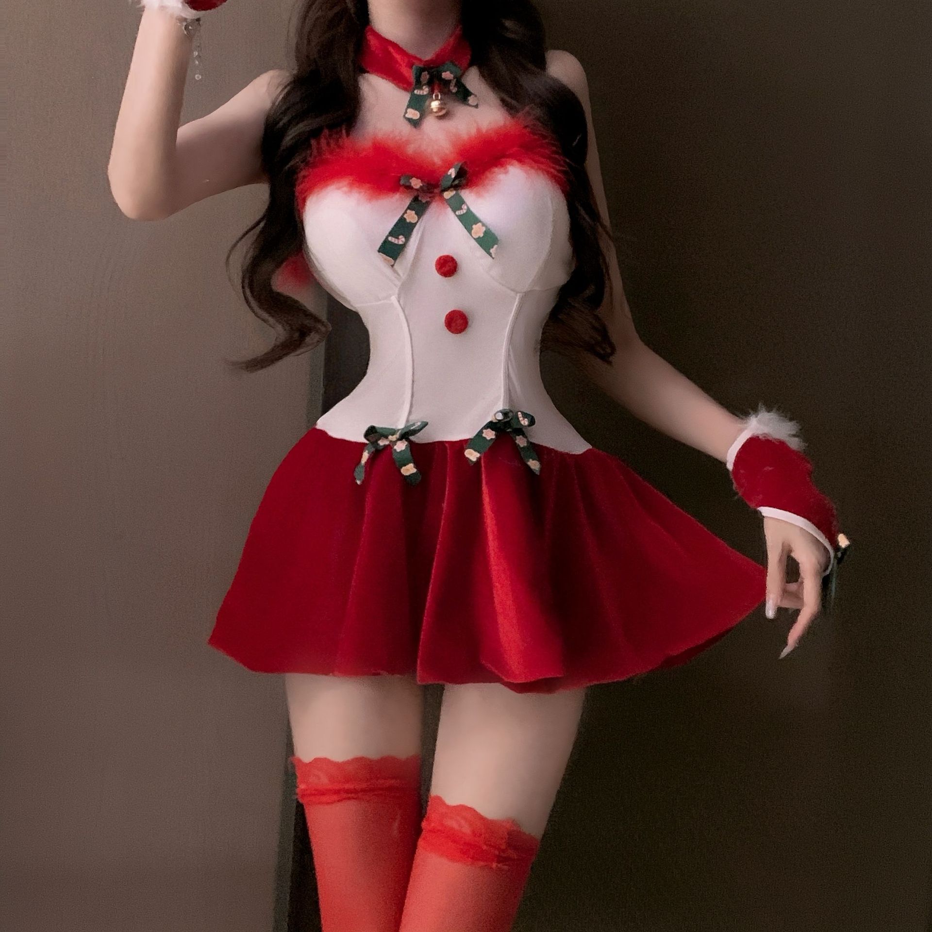 新年新款圣诞节性感裹胸毛绒圣诞兔女郎纯欲女主播开档连衣裙