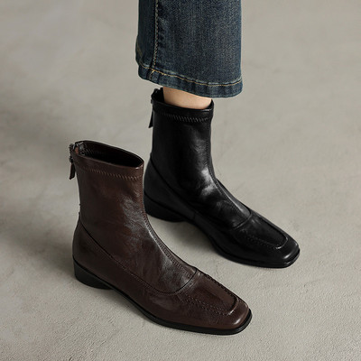 复古风方头短靴低跟复古瘦瘦靴