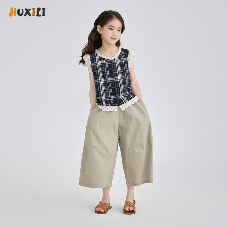 湖溪里女童套裝2025夏季新款兒童格子背心闊腿褲兩件套中大童夏裝