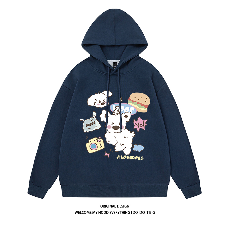 美式复古可爱卡通小狗印花连帽卫衣宽松休闲潮牌上衣情侣同款秋冬