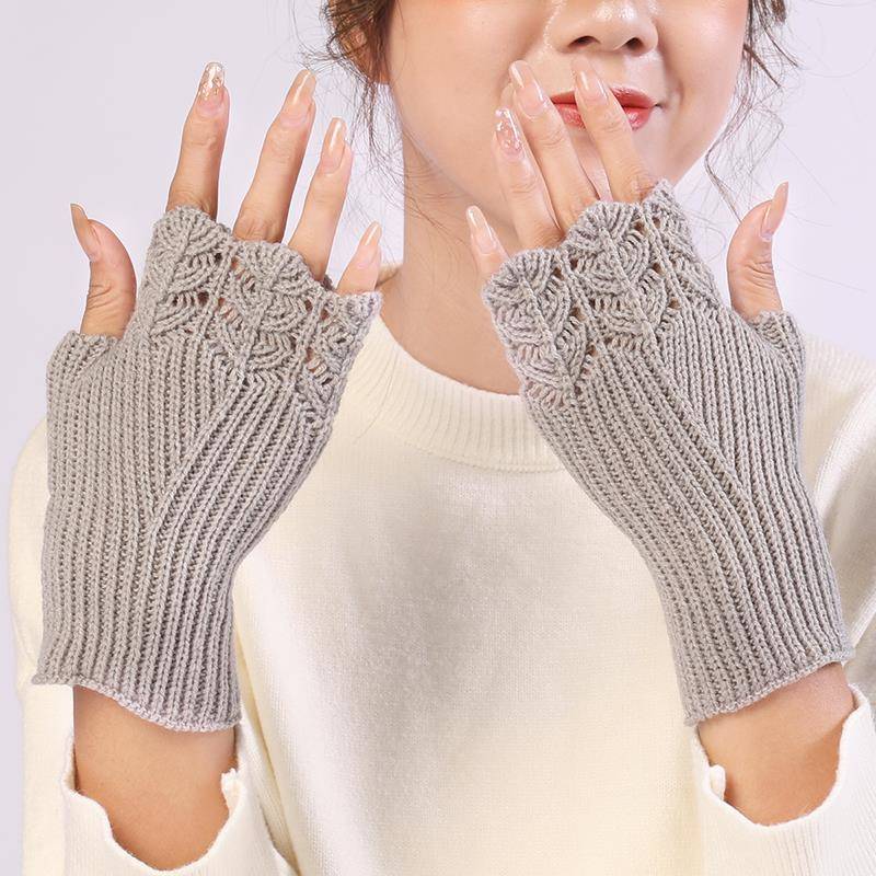 Women Winter Fingerless Gloves Warm Soft Wool Knitted Mitten