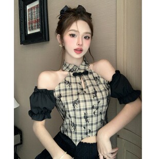 新中式纯欲茶艺风蝴蝶印花格子拼接短袖雪纺衬衫女夏辣妹短款上衣
