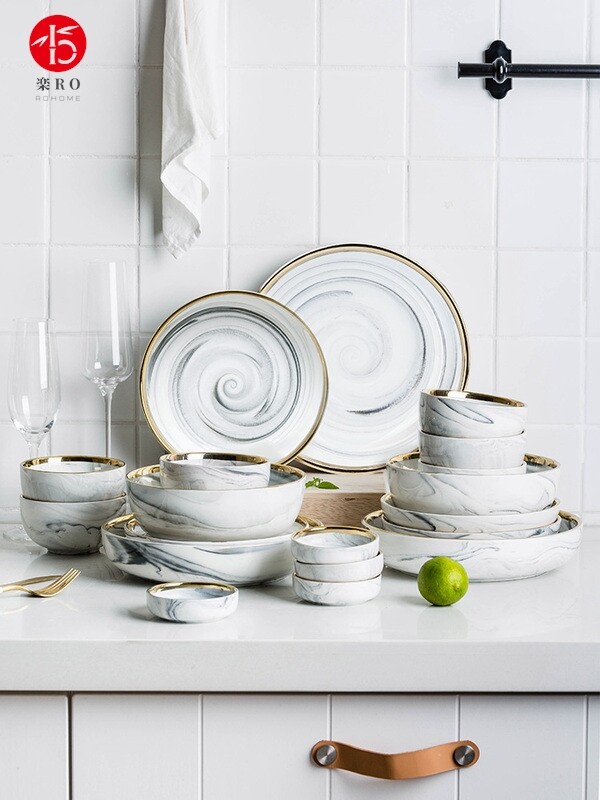 Modern housewives European style gilt edged marble ceramic dishes