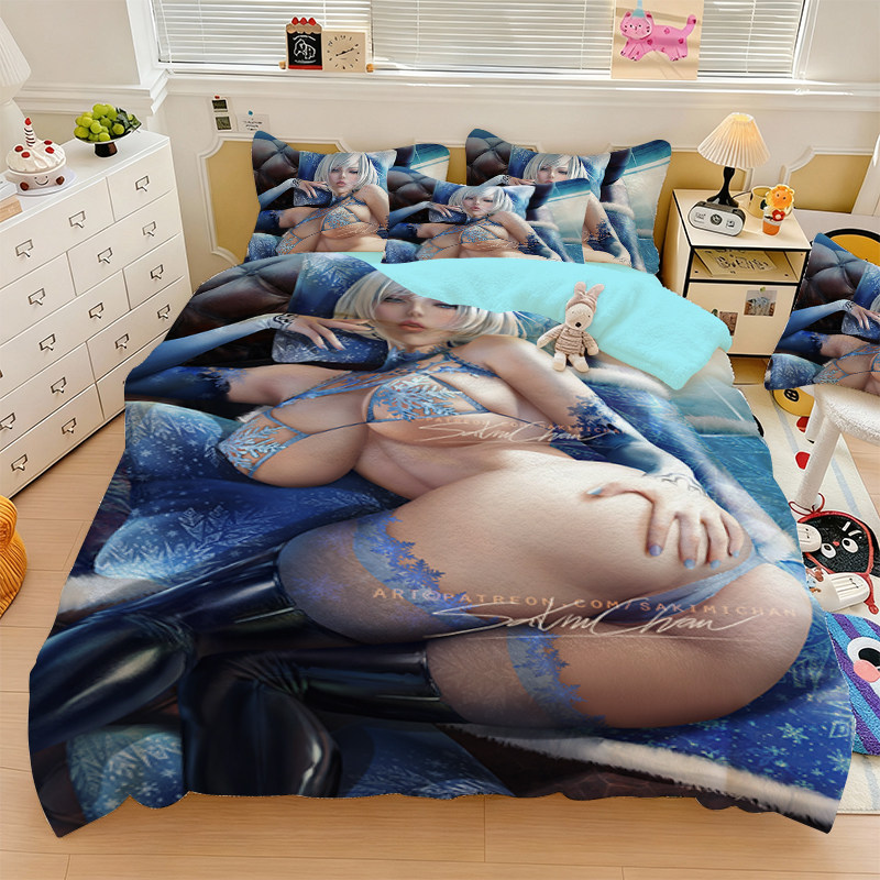 动漫3D美女水晶绒保暖款三件套二次元珊瑚绒四件套加厚被套