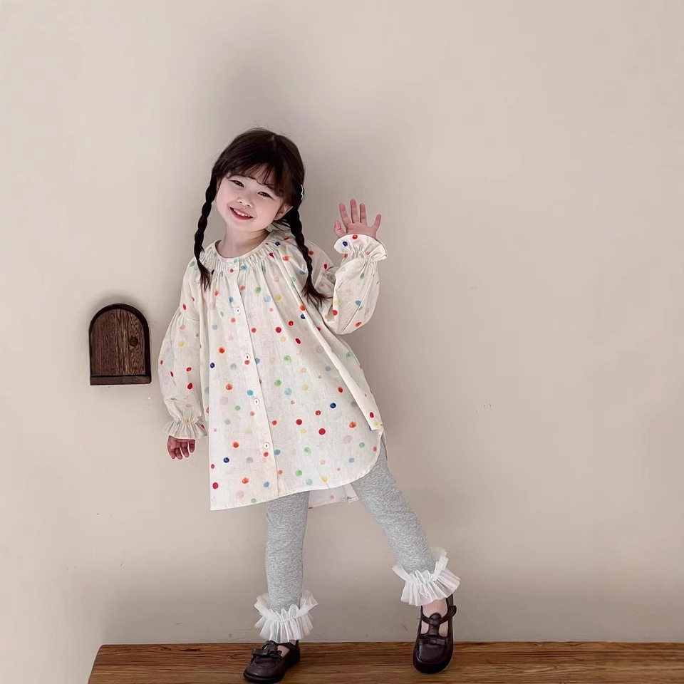 童套装2025春款女童韩版彩色圆点长款衬衫加儿童修身弹力打底裤