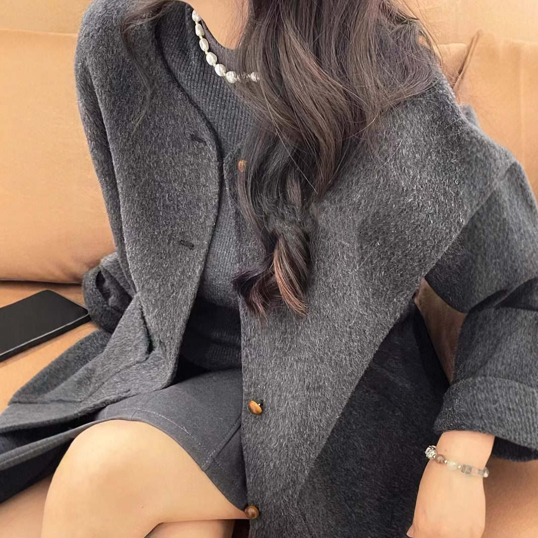 新款羊毛驼绒双面呢大衣女无领羊毛呢子外套极简静奢短款松弛感