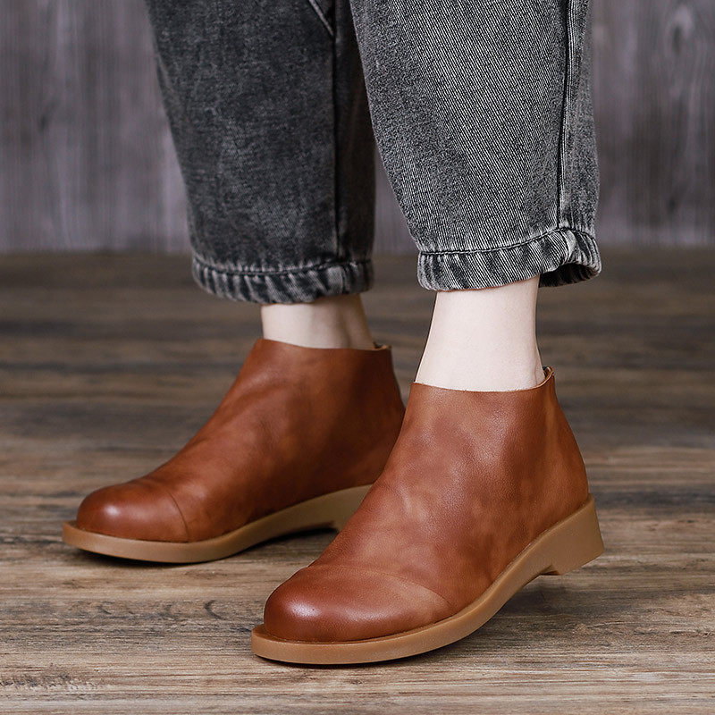 爆款手工真皮女鞋云感软面便捷后拉链短靴黑色通勤皮鞋