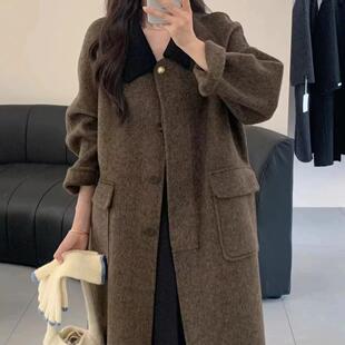 新款拼接领撞色人字纹双面羊绒大衣韩版娃娃领宽松羊毛外套女