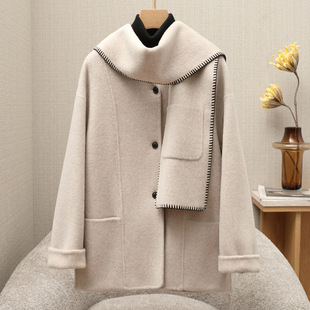 秋冬新款双面羊绒大衣女短款2025新款围巾领高级感羊毛呢子外套女