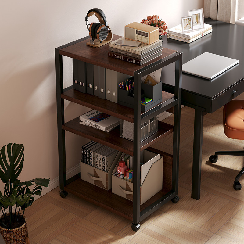 书桌旁书架落地置物架多层钢木收纳储物架可移动带轮架子简易书柜