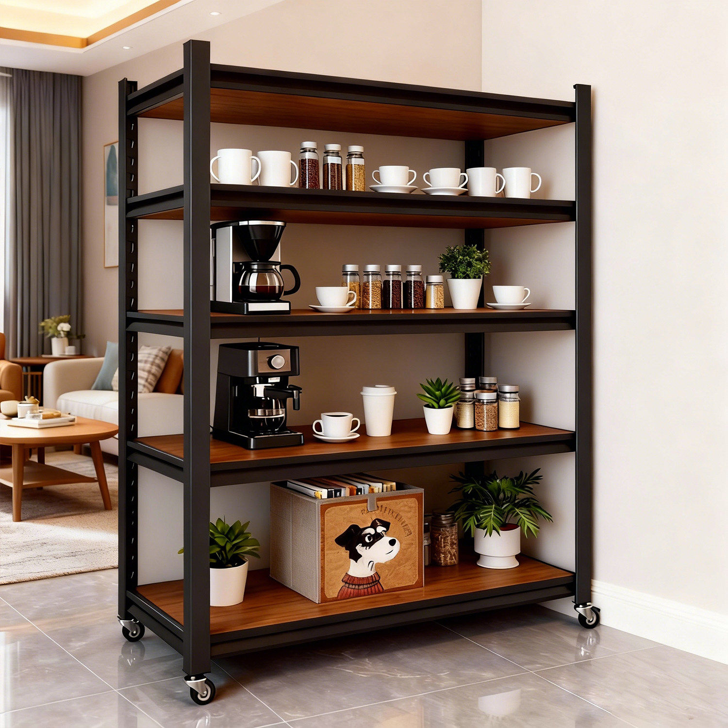 钢骨家用咖啡机置物架多功能五层收纳展示架带轮可移动储物架货架