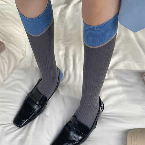 复古拼色小腿袜女长筒