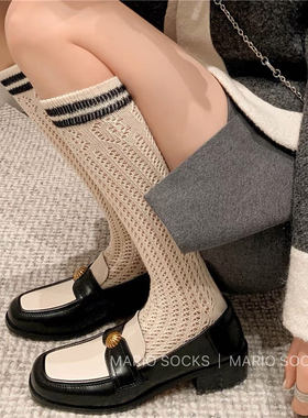 春夏奶白色条纹小腿袜女破洞镂空长筒袜轻奢百搭高筒袜子及膝袜棉