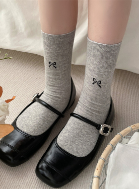 春夏袜子女中筒灰色蝴蝶结女袜芭蕾风堆堆袜纯棉抗起球长袜miu风