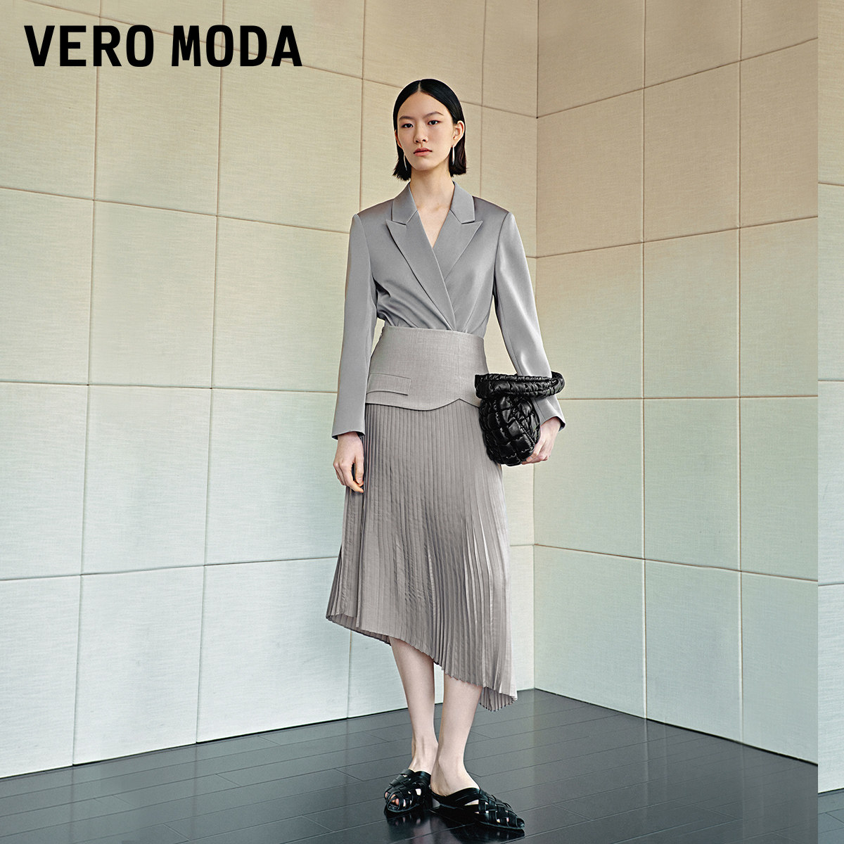 Vero Moda奥莱半身裙夏季新款高腰拼接百褶不规则中长裙通勤