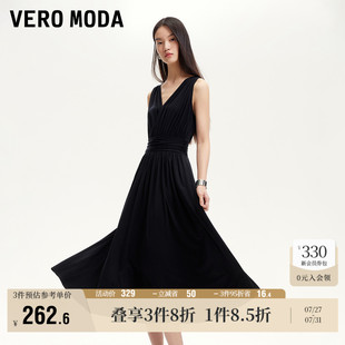 大V領褶皺設計高腰無袖 Vero Moda奧萊連衣裙2025夏季 新款 顯瘦高級