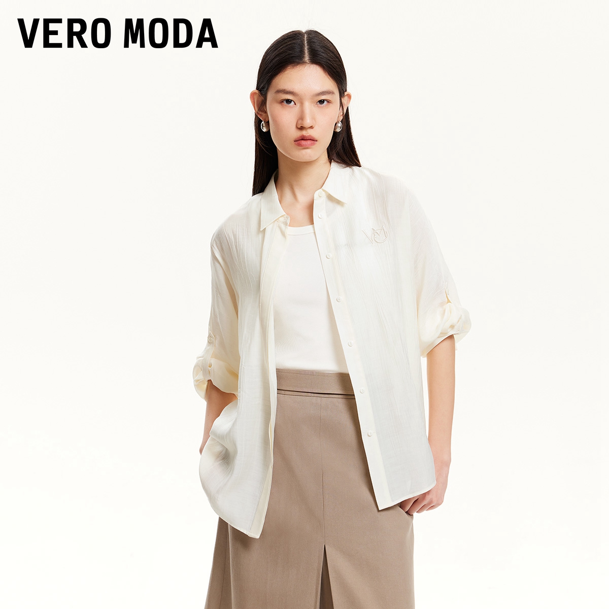 Vero Moda奥莱衬衫女2025夏季新款肌理褶皱刺绣字母宽松
