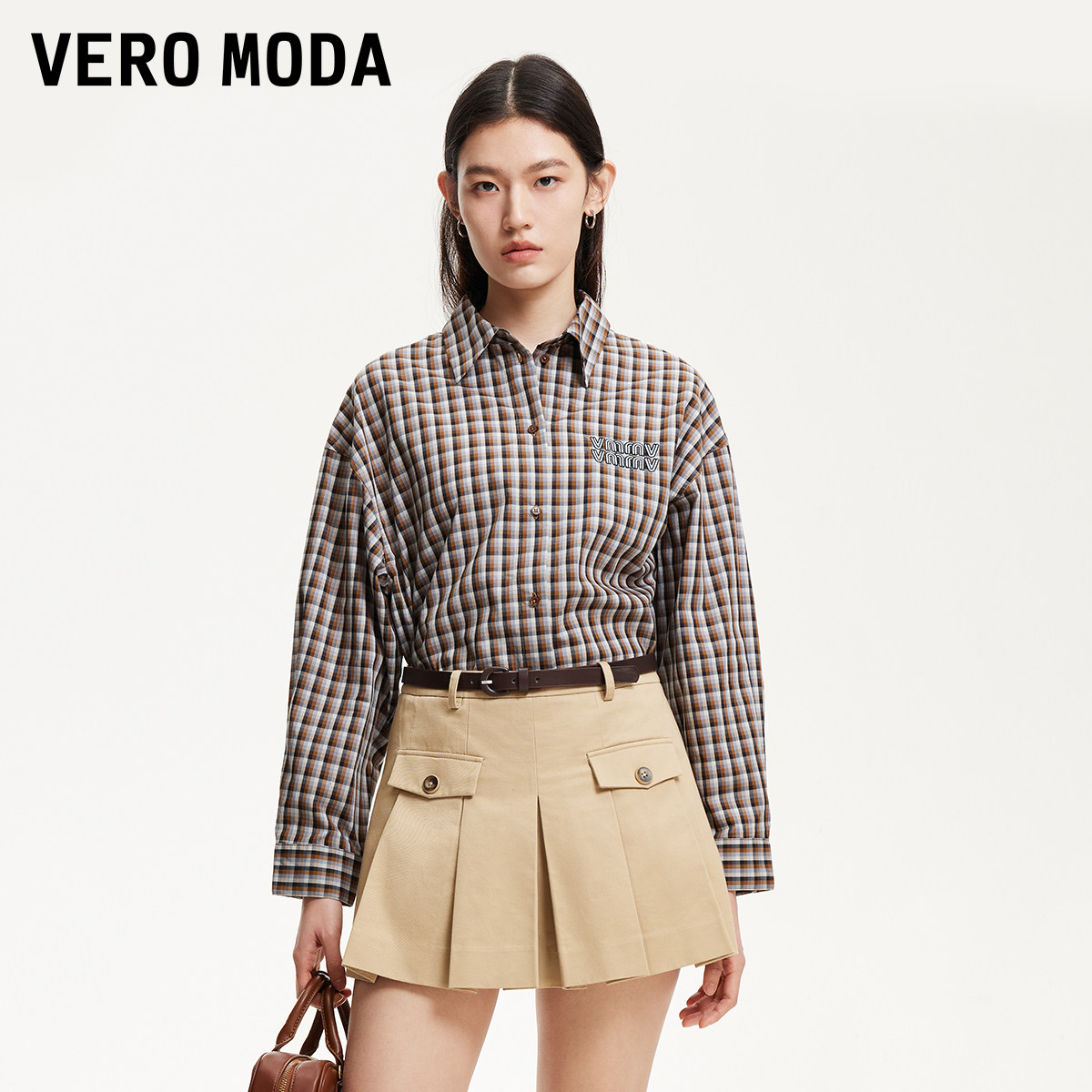 Vero Moda奥莱衬衫女夏季新款商场同款美式复古撞色格纹上衣