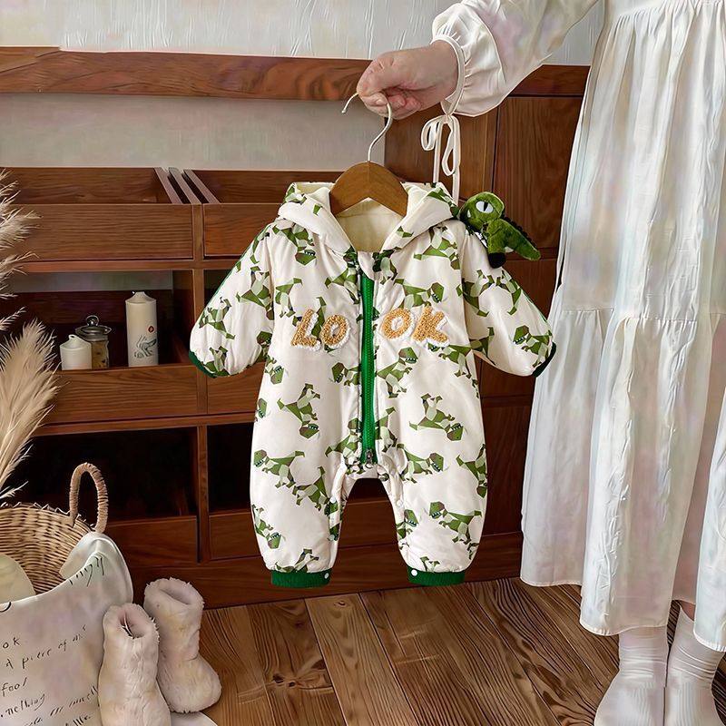 婴儿连体衣秋冬恐龙印花带帽拉链爬服宝宝满月国潮哈衣卡通可爱